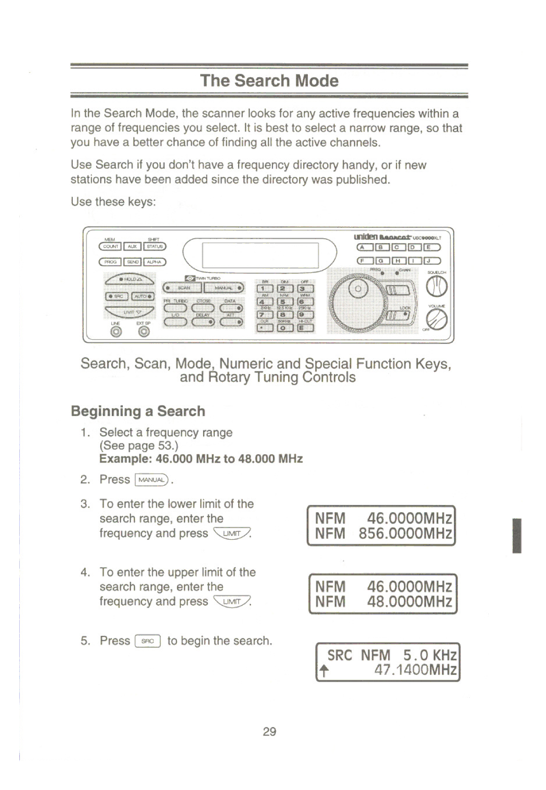 Uniden UBC9000XLT manual Search Mode, Beginning a Search, NFM 46.0000MHz NFM 856.0000MHzI, NFM 46.0000MHz NFM 48.0000MHz 