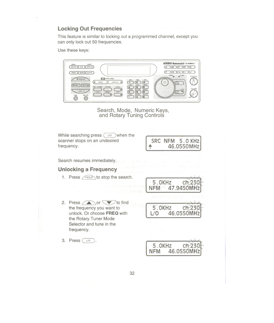 Uniden UBC9000XLT manual Locking Out Frequencies, ~~~, 46.0550MHz, Unlocking a Frequency 