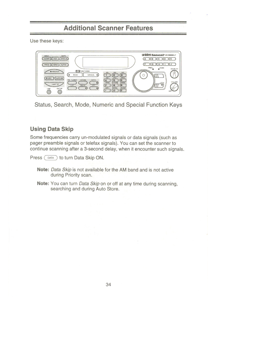 Uniden UBC9000XLT Additional Scanner Features, Status, Search, Mode, Numeric and Special Function Keys, Using Data Skip 