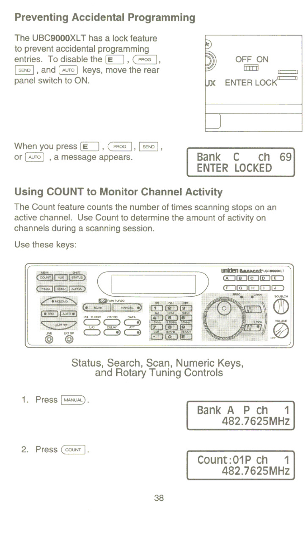 Uniden UBC9000XLT Preventing Accidental Programming, Bank C ch, @ @, Bank a P ch 1 482.7625MHz, CountO1P ch 1 482.7625MHz 