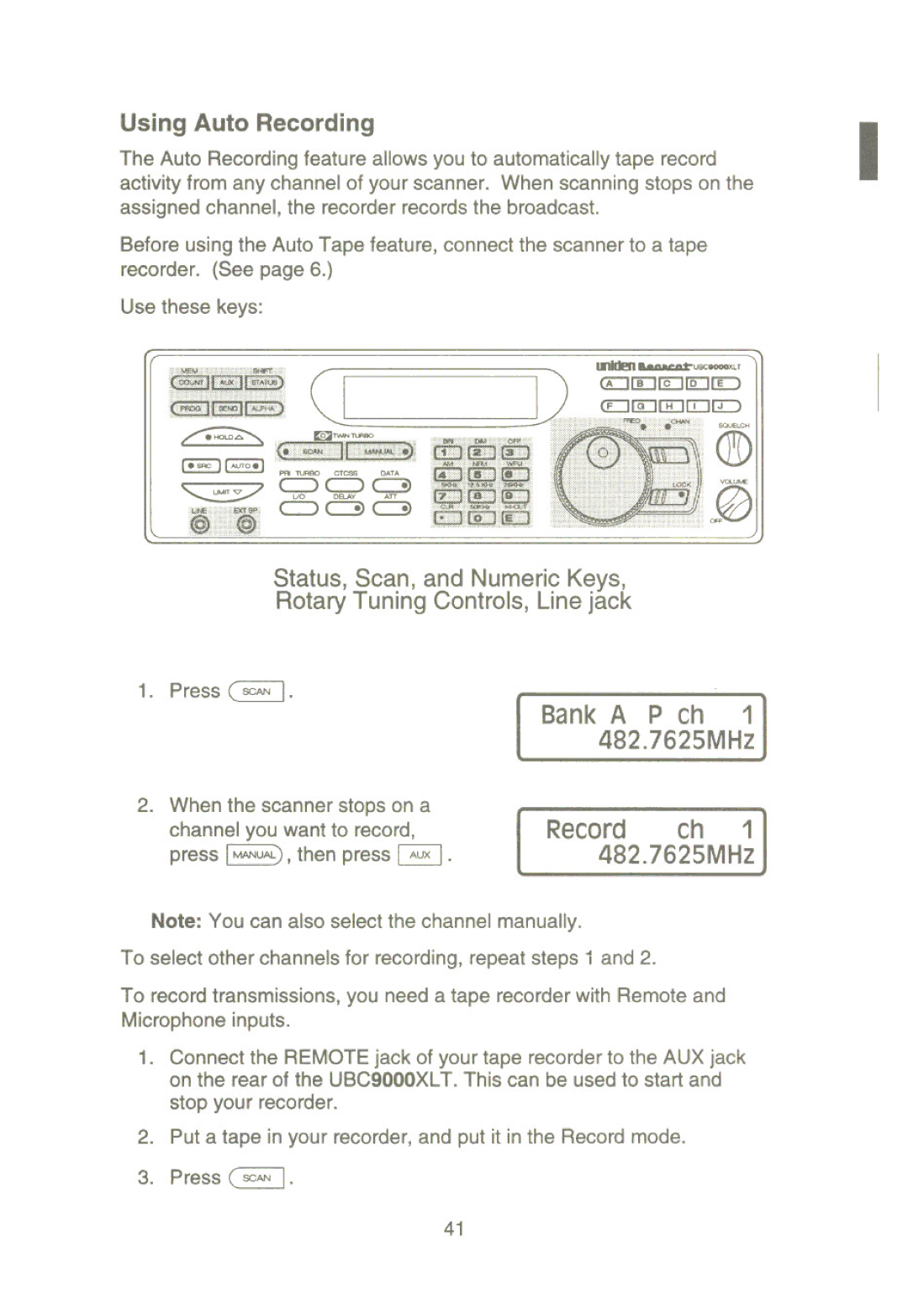 Uniden UBC9000XLT manual M ~ lfIJi, Bank a P ch 1 482.7625MHz Record ch 1 482.7625MHz, Using Auto Recording 