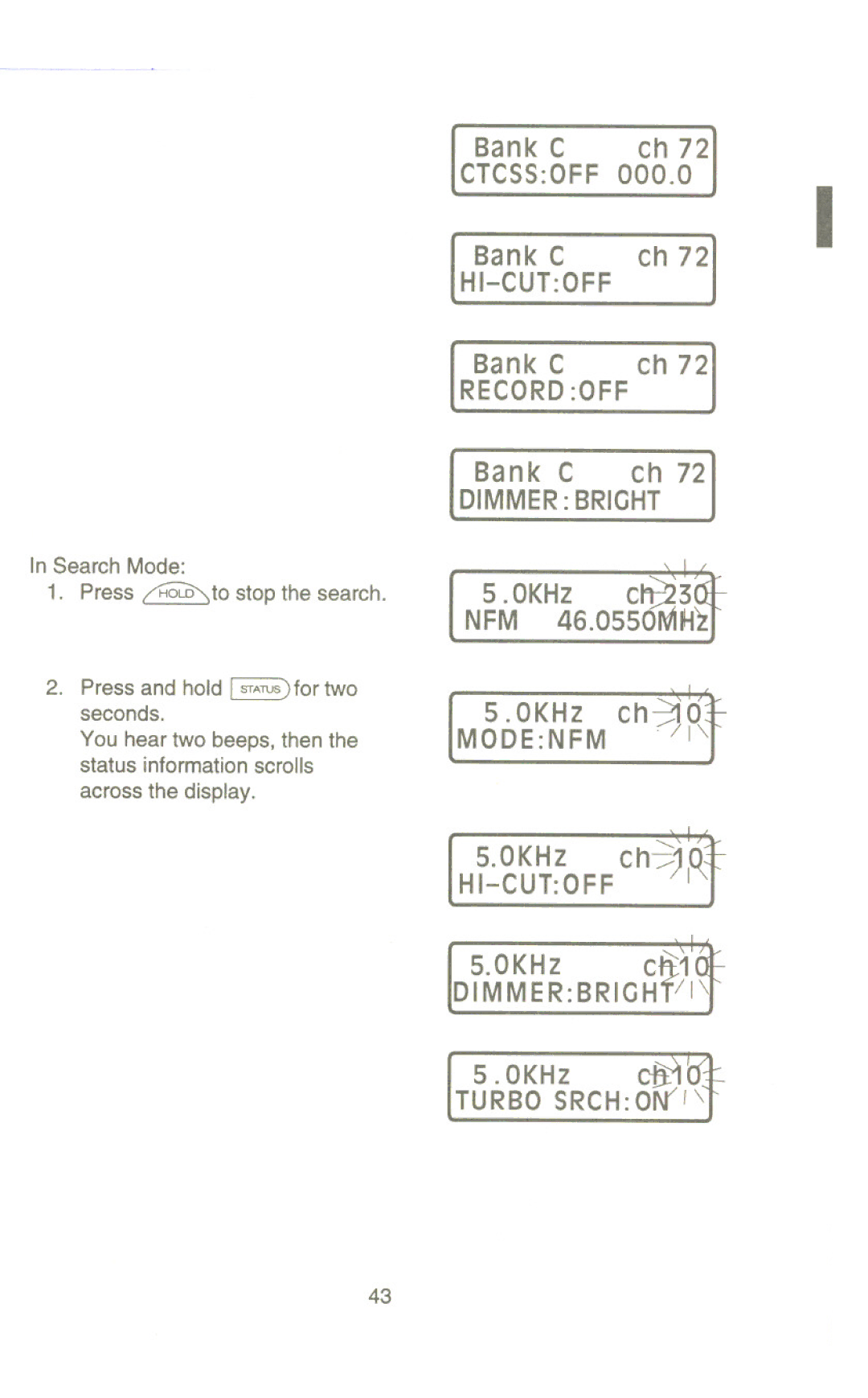 Uniden UBC9000XLT manual Bank C ch 72 CTCSSOFF000.0, 0KHz ch~O~ 