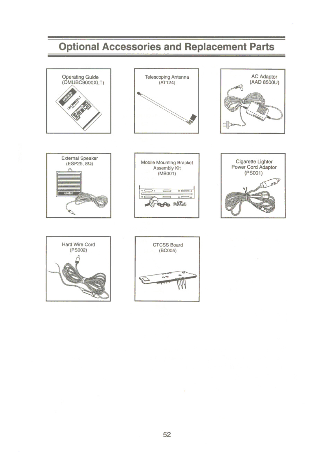 Uniden UBC9000XLT manual Optional Accessories and Replacement Parts 