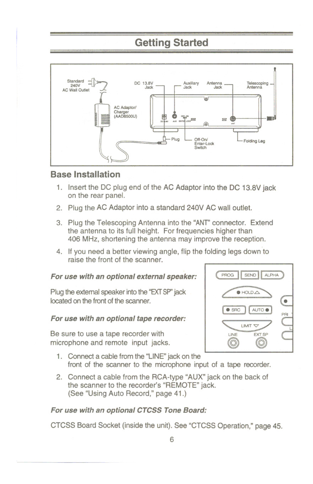 Uniden UBC9000XLT manual Getting Started, Base Installation 