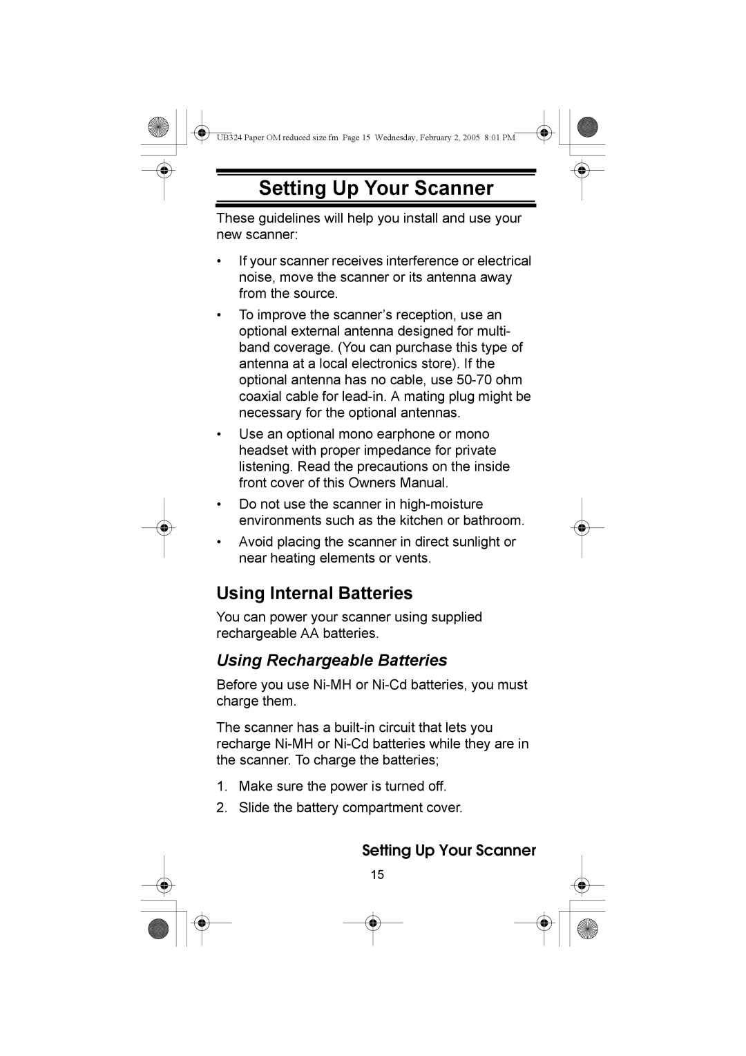Uniden UBC92XLT manual Setting Up Your Scanner, Using Internal Batteries, Using Rechargeable Batteries 