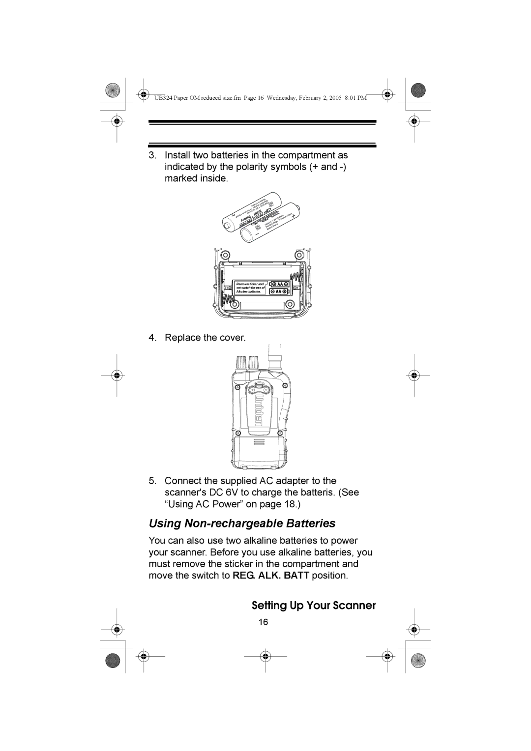 Uniden UBC92XLT manual Using Non-rechargeable Batteries 