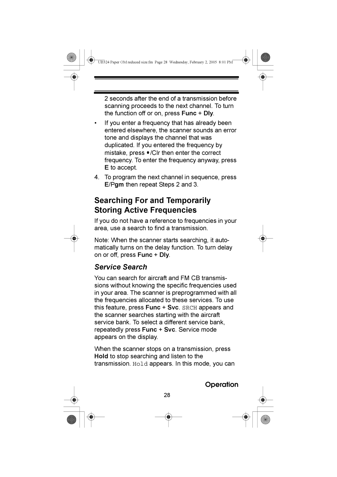 Uniden UBC92XLT manual Searching For and Temporarily Storing Active Frequencies, Service Search 