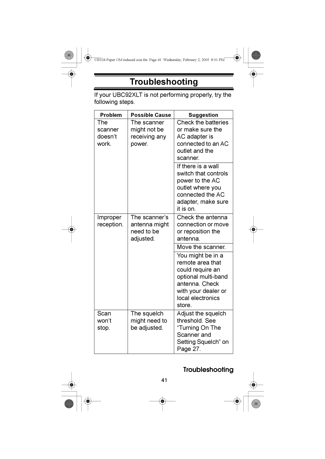 Uniden UBC92XLT manual Troubleshooting 