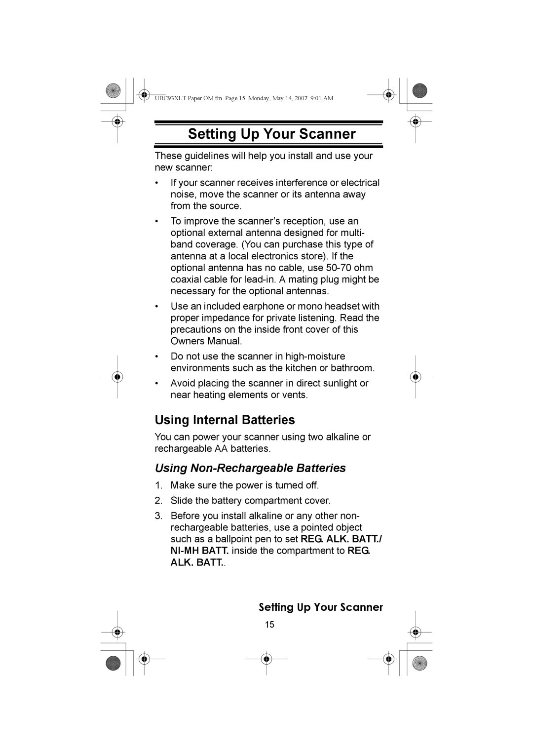 Uniden UBC93XLT manual Setting Up Your Scanner, Using Internal Batteries, Using Non-Rechargeable Batteries 