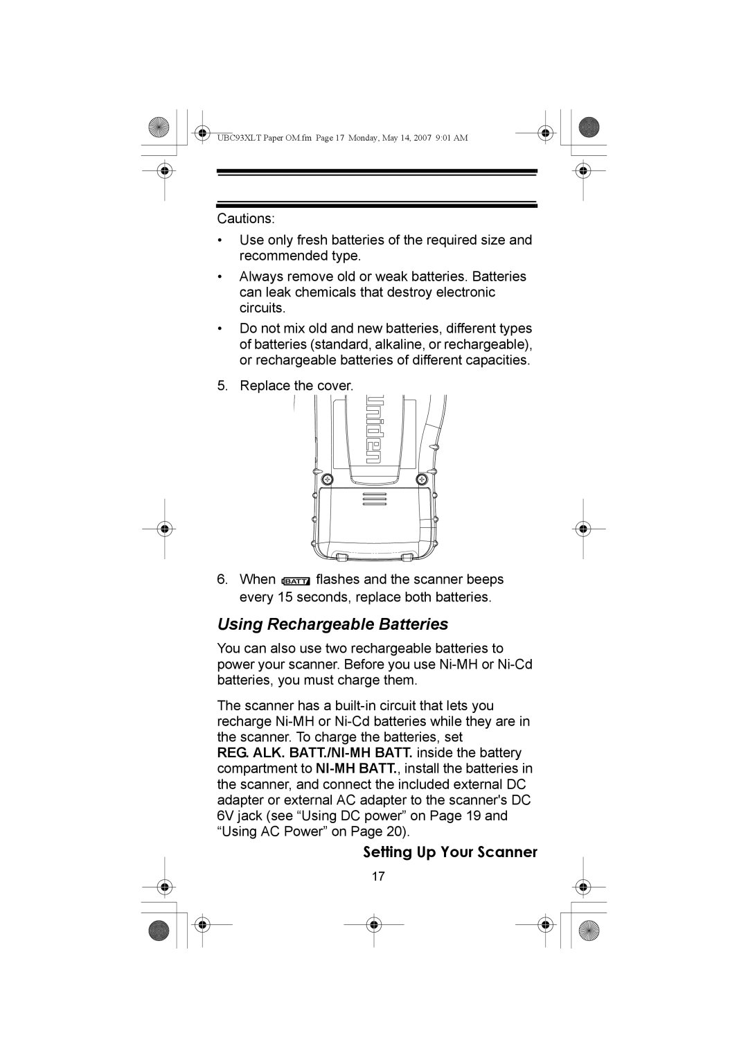 Uniden UBC93XLT manual Using Rechargeable Batteries 