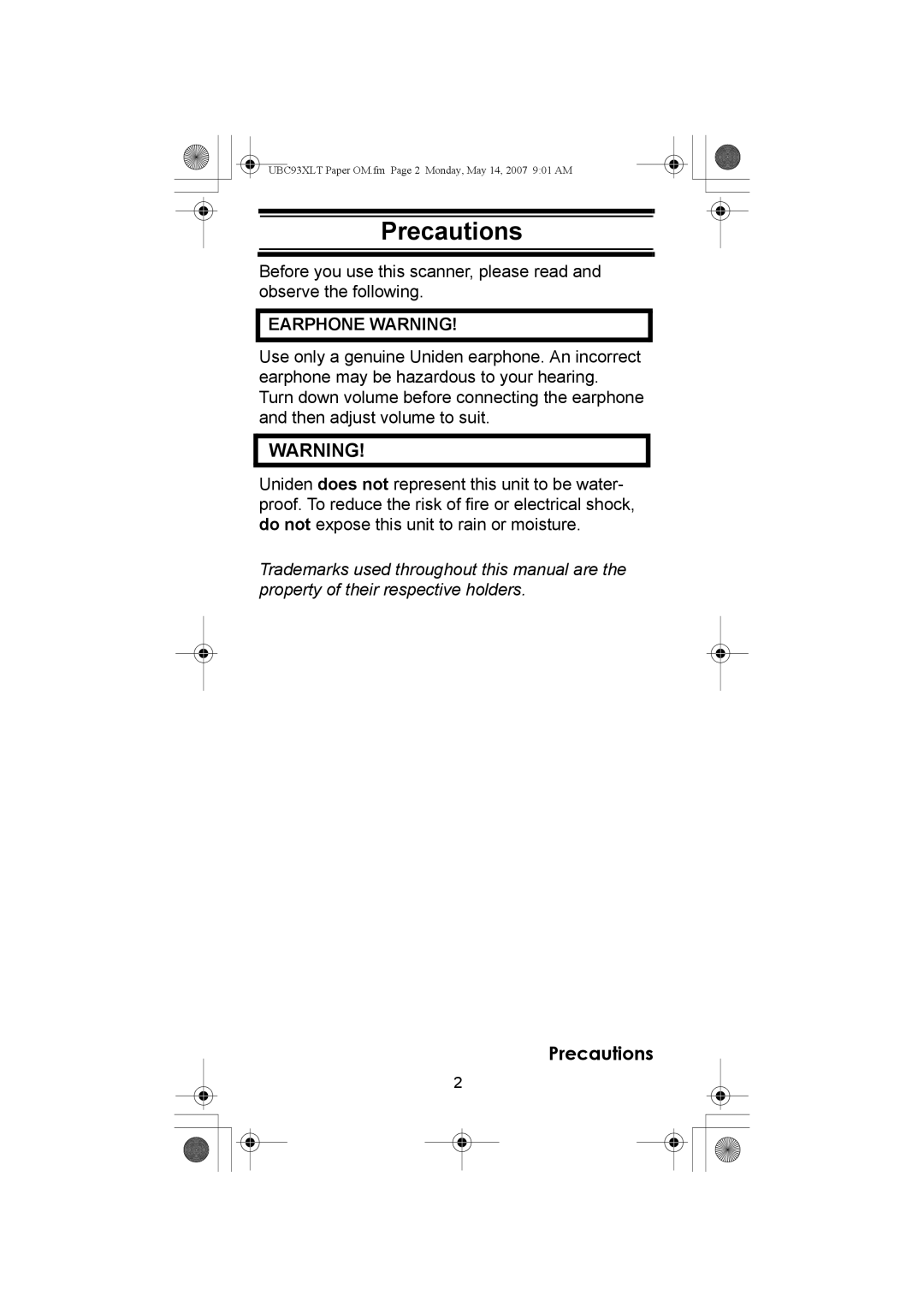 Uniden UBC93XLT manual Precautions 