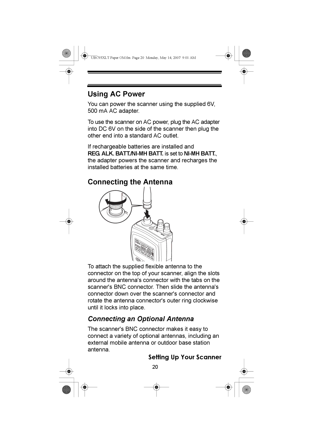 Uniden UBC93XLT manual Using AC Power, Connecting the Antenna, Connecting an Optional Antenna 