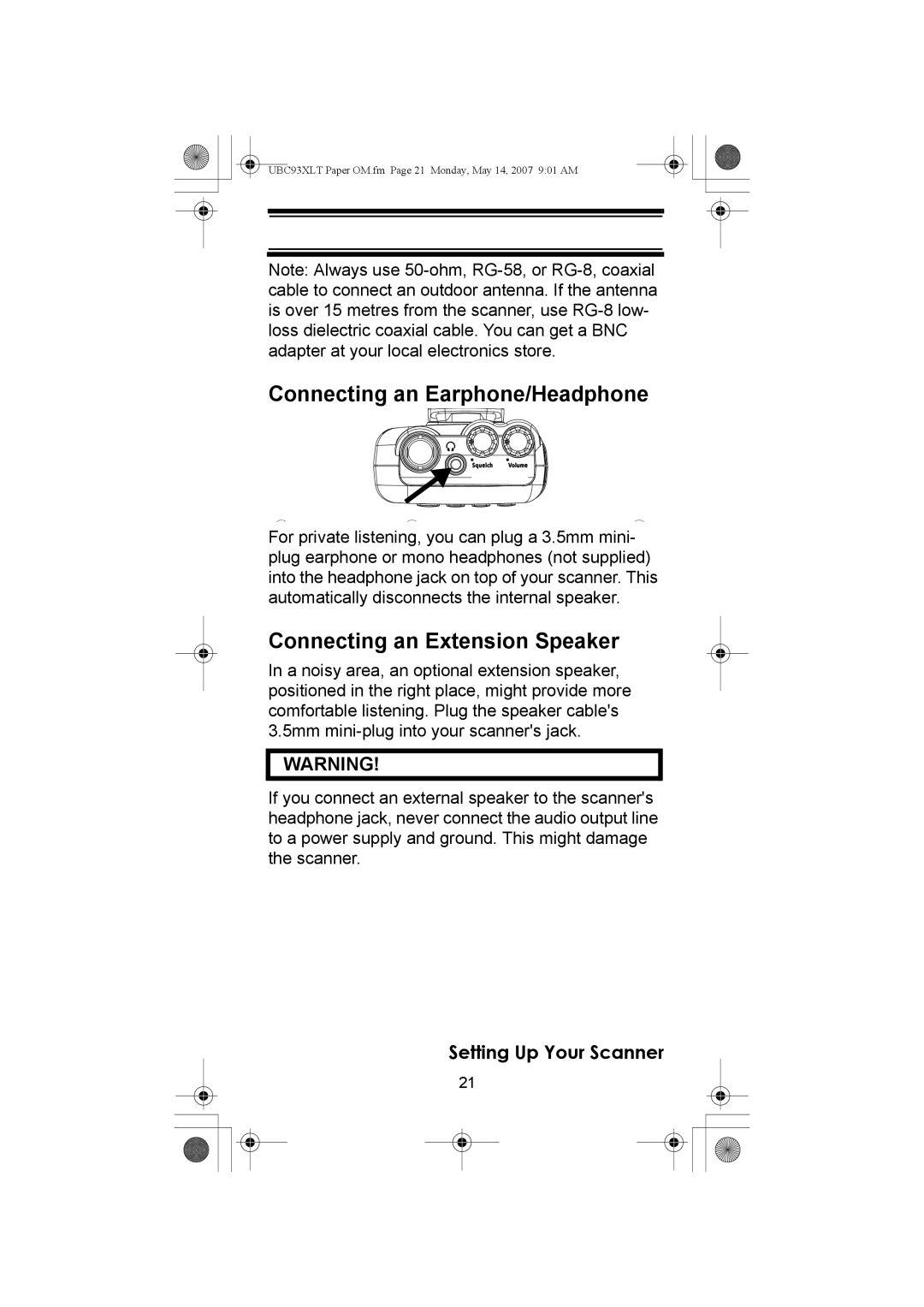 Uniden UBC93XLT manual Connecting an Earphone/Headphone, Connecting an Extension Speaker 