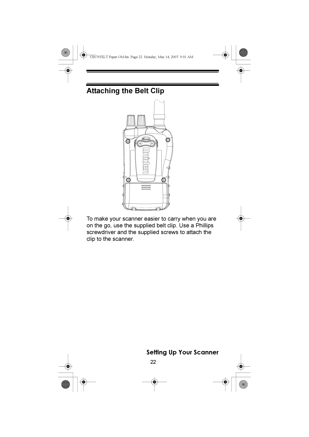 Uniden UBC93XLT manual Attaching the Belt Clip 