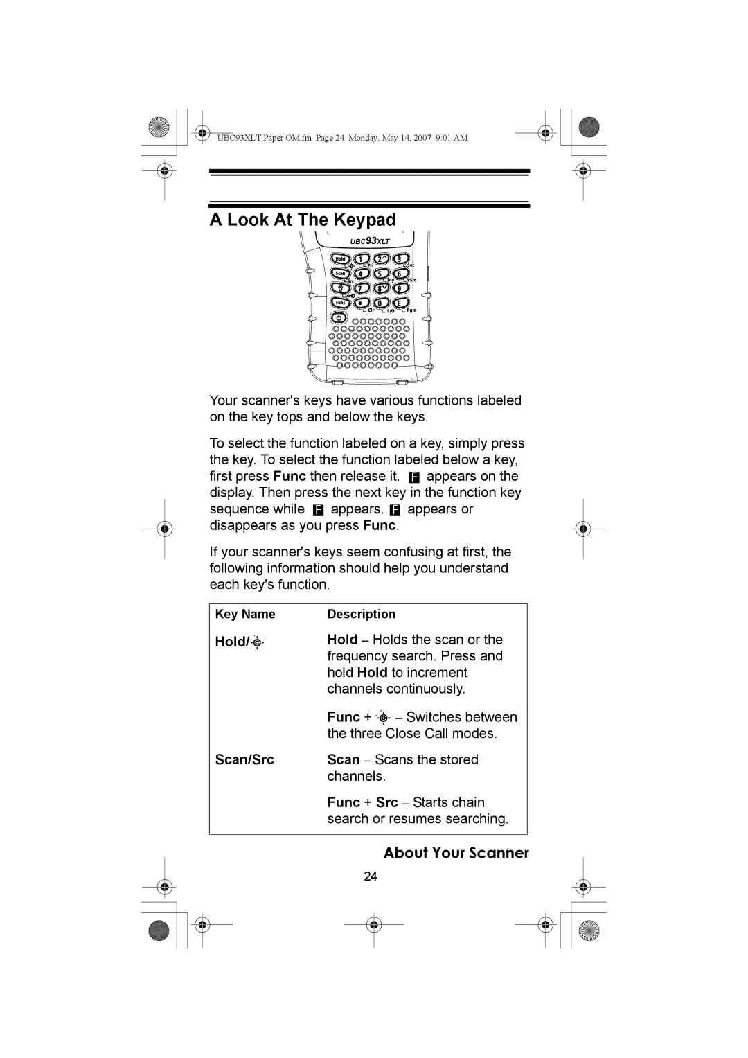 Uniden UBC93XLT manual Look At The Keypad, Hold Scan/Src 