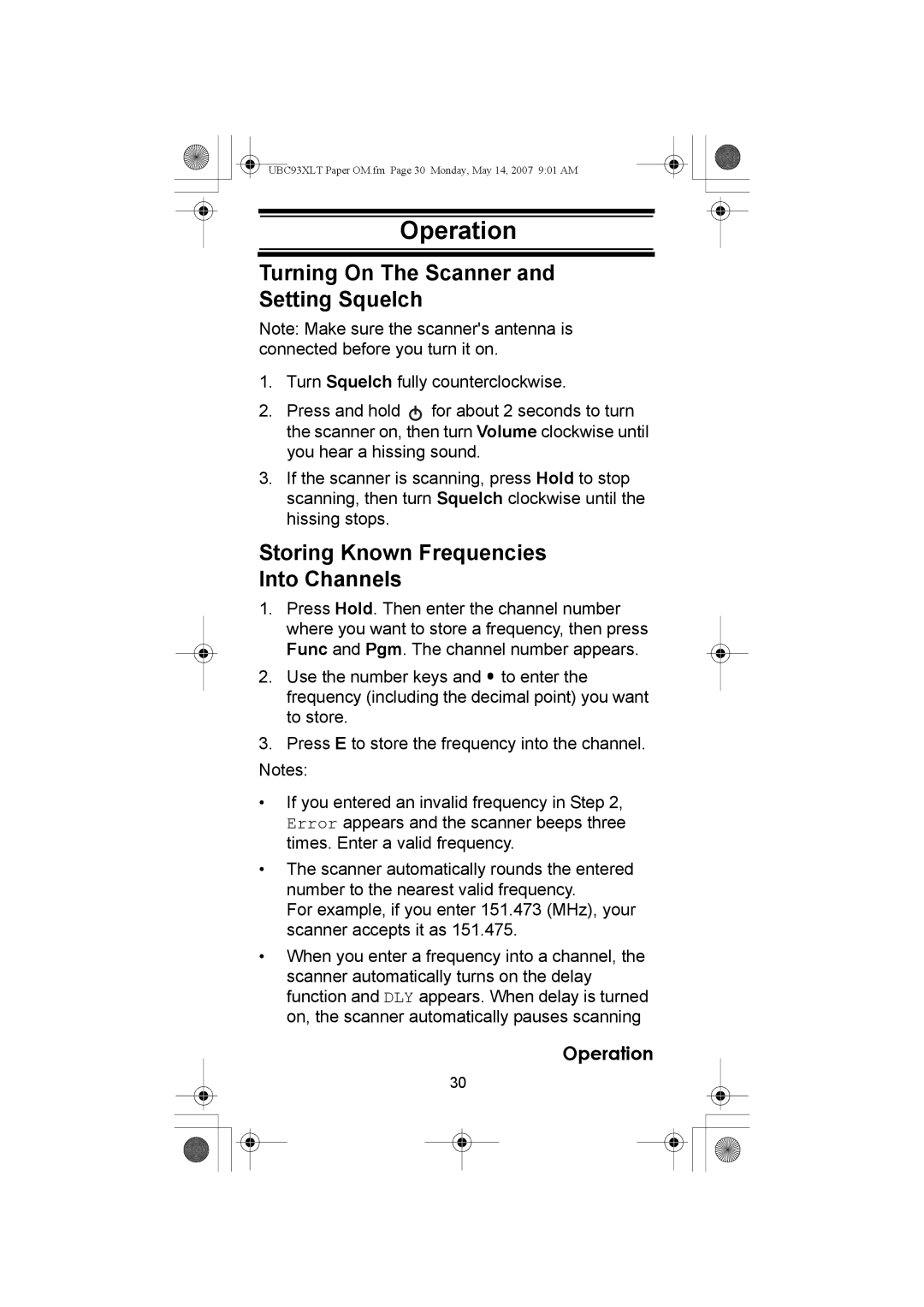 Uniden UBC93XLT manual Operation, Turning On The Scanner and Setting Squelch, Storing Known Frequencies Into Channels 