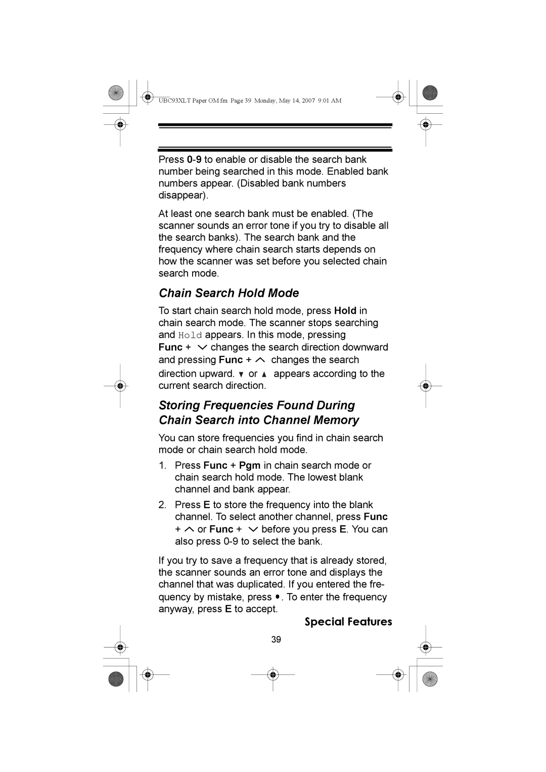 Uniden UBC93XLT manual Chain Search Hold Mode 