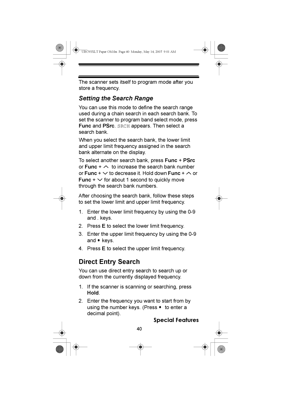 Uniden UBC93XLT manual Direct Entry Search, Setting the Search Range 