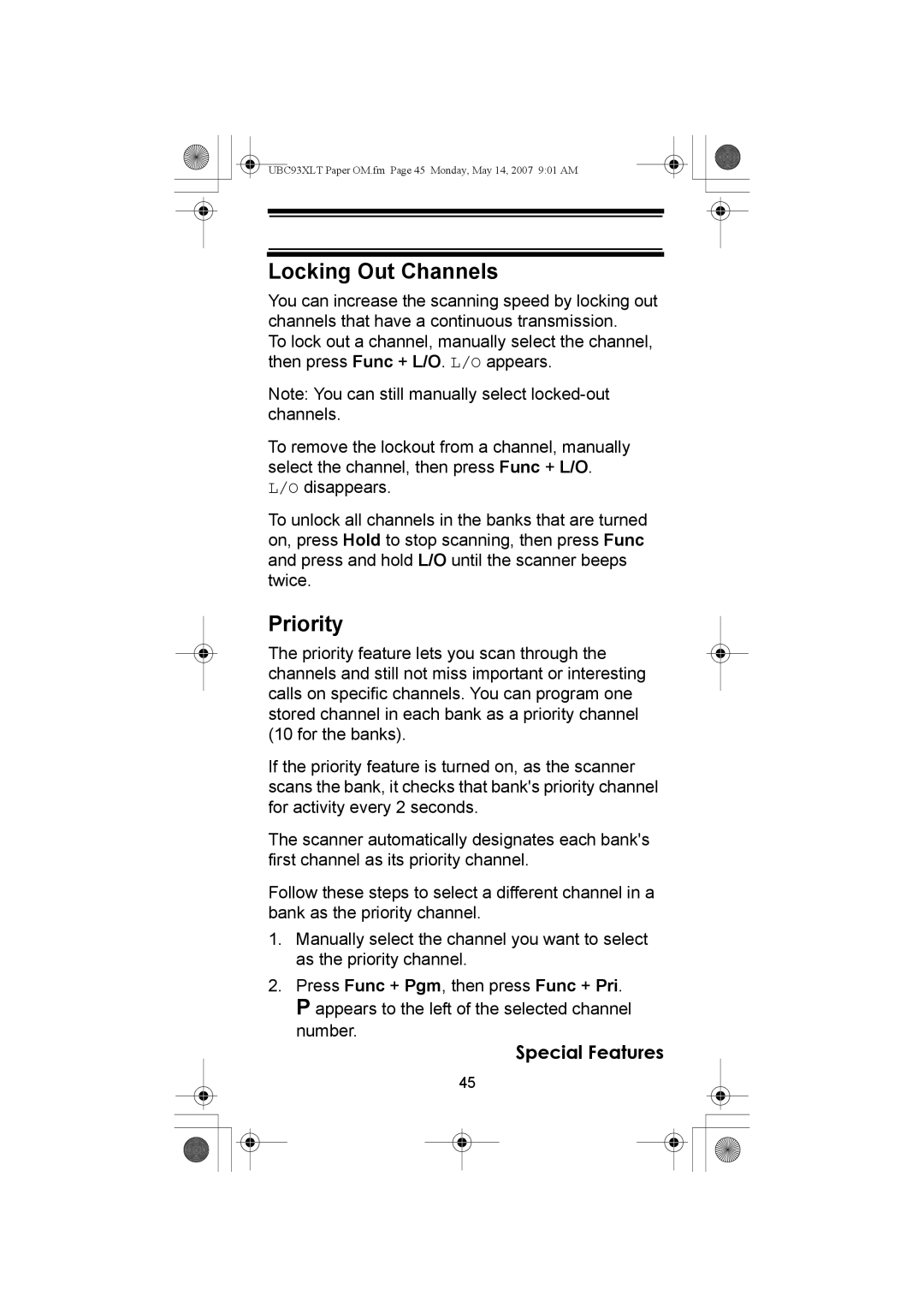 Uniden UBC93XLT manual Locking Out Channels, Priority 
