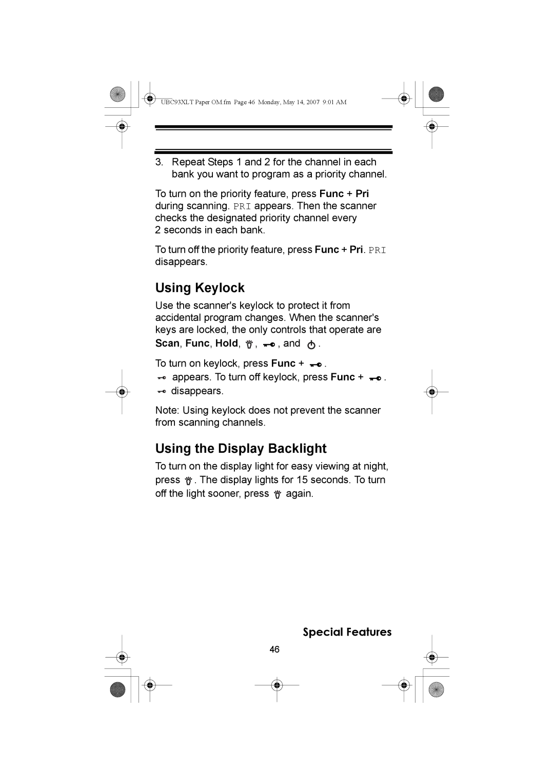 Uniden UBC93XLT manual Using Keylock, Using the Display Backlight 