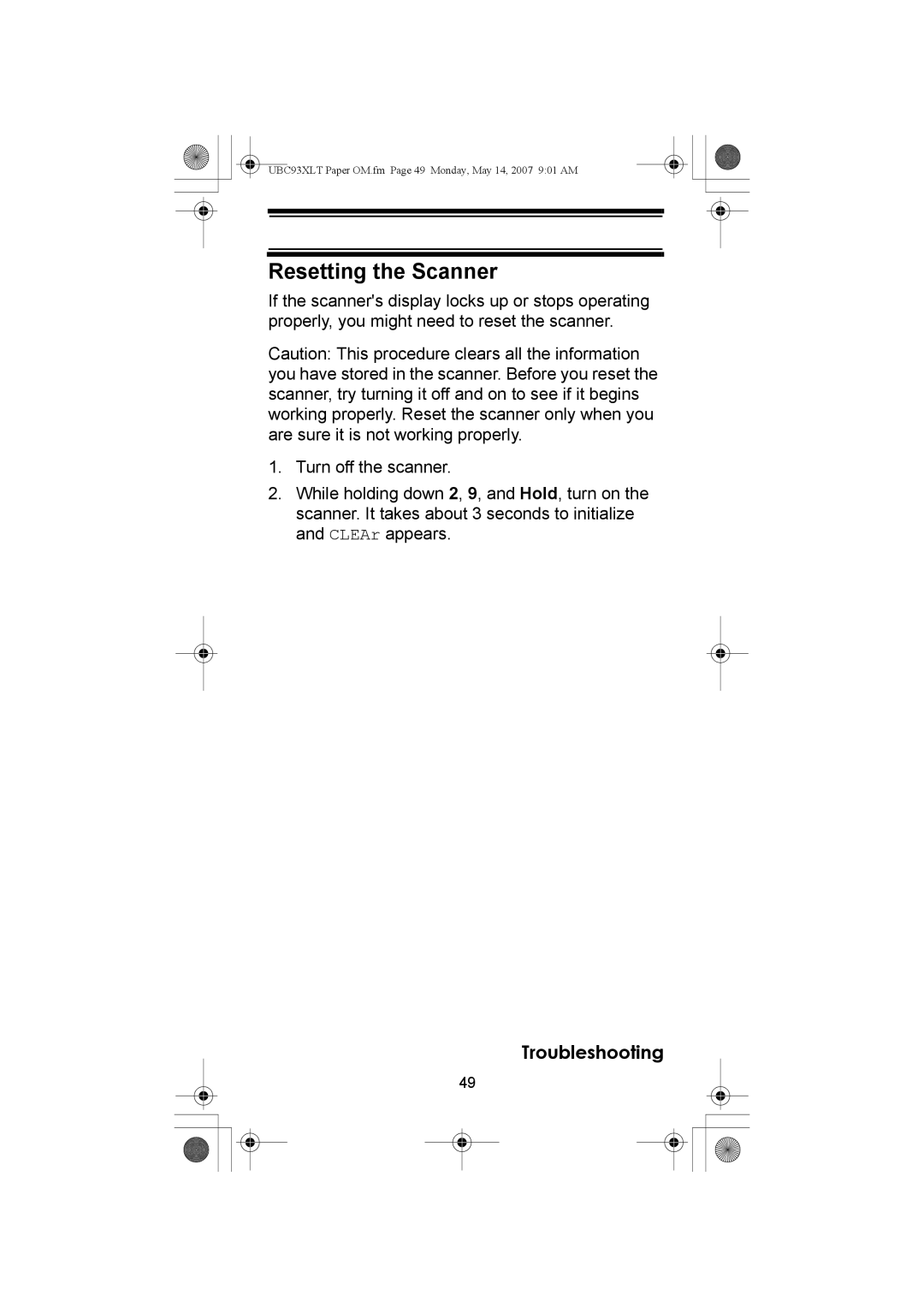 Uniden UBC93XLT manual Resetting the Scanner 