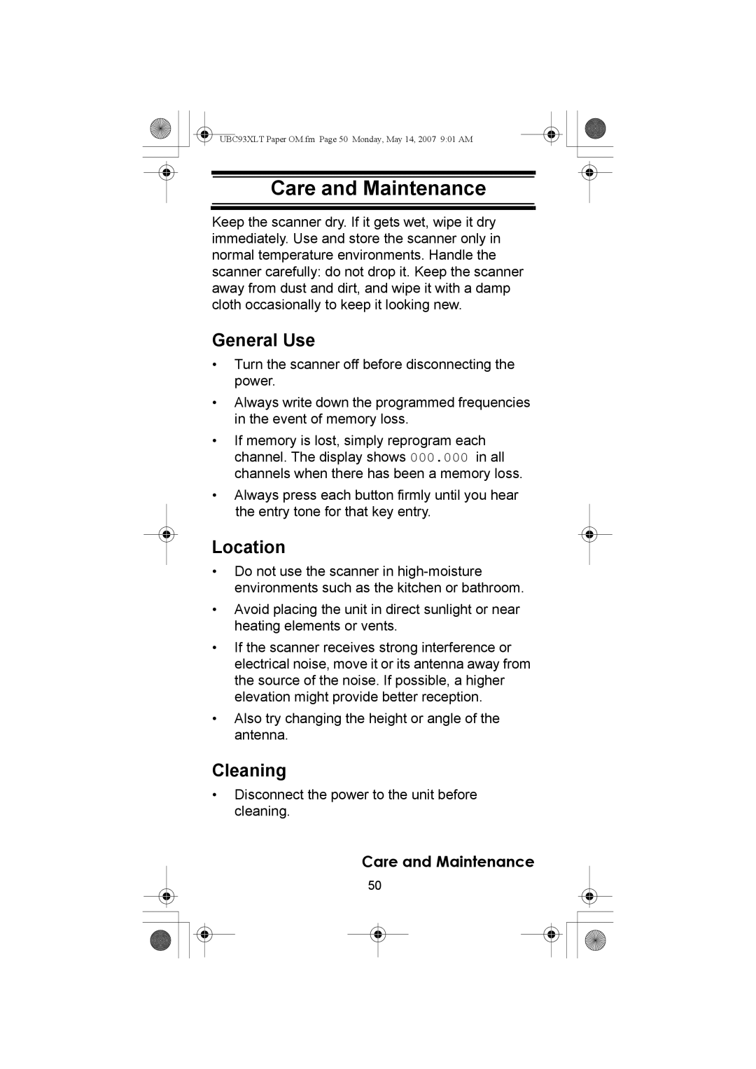 Uniden UBC93XLT manual Care and Maintenance, General Use, Location, Cleaning 