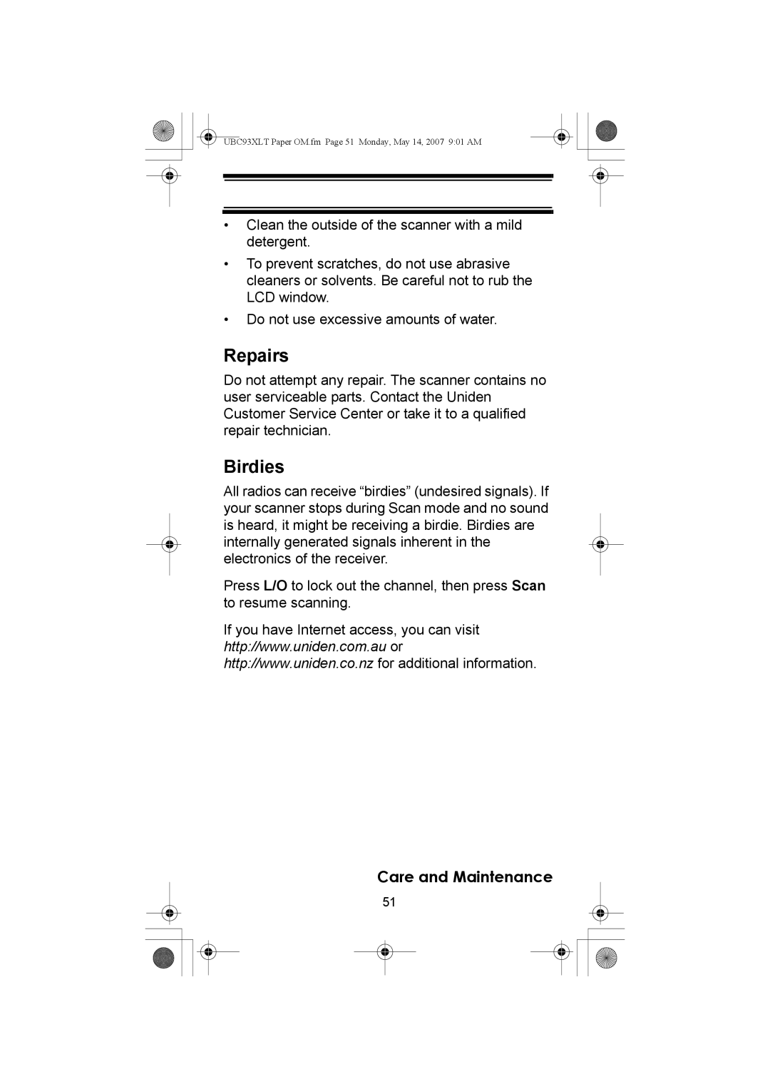 Uniden UBC93XLT manual Repairs, Birdies 