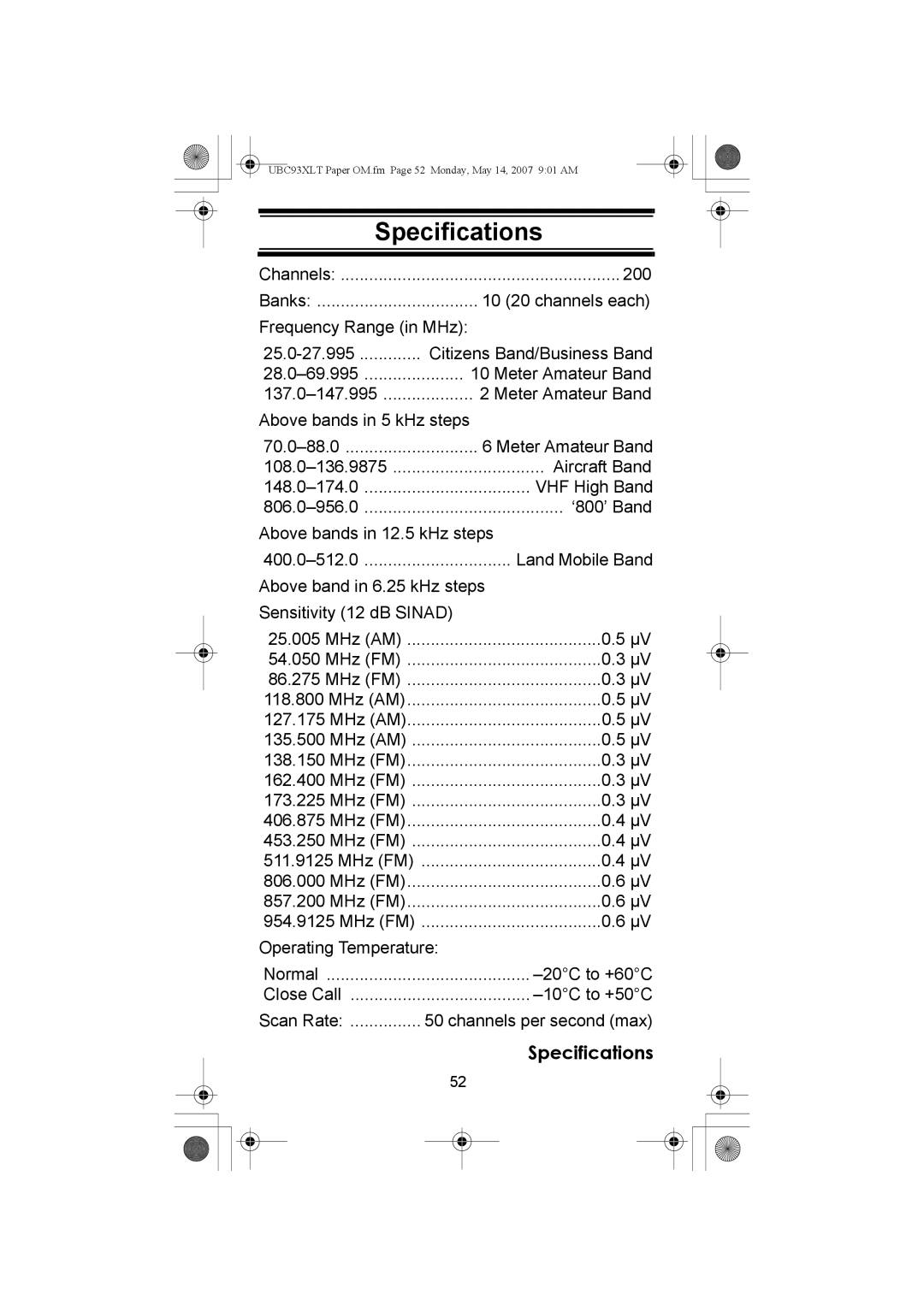 Uniden UBC93XLT manual Specifications 