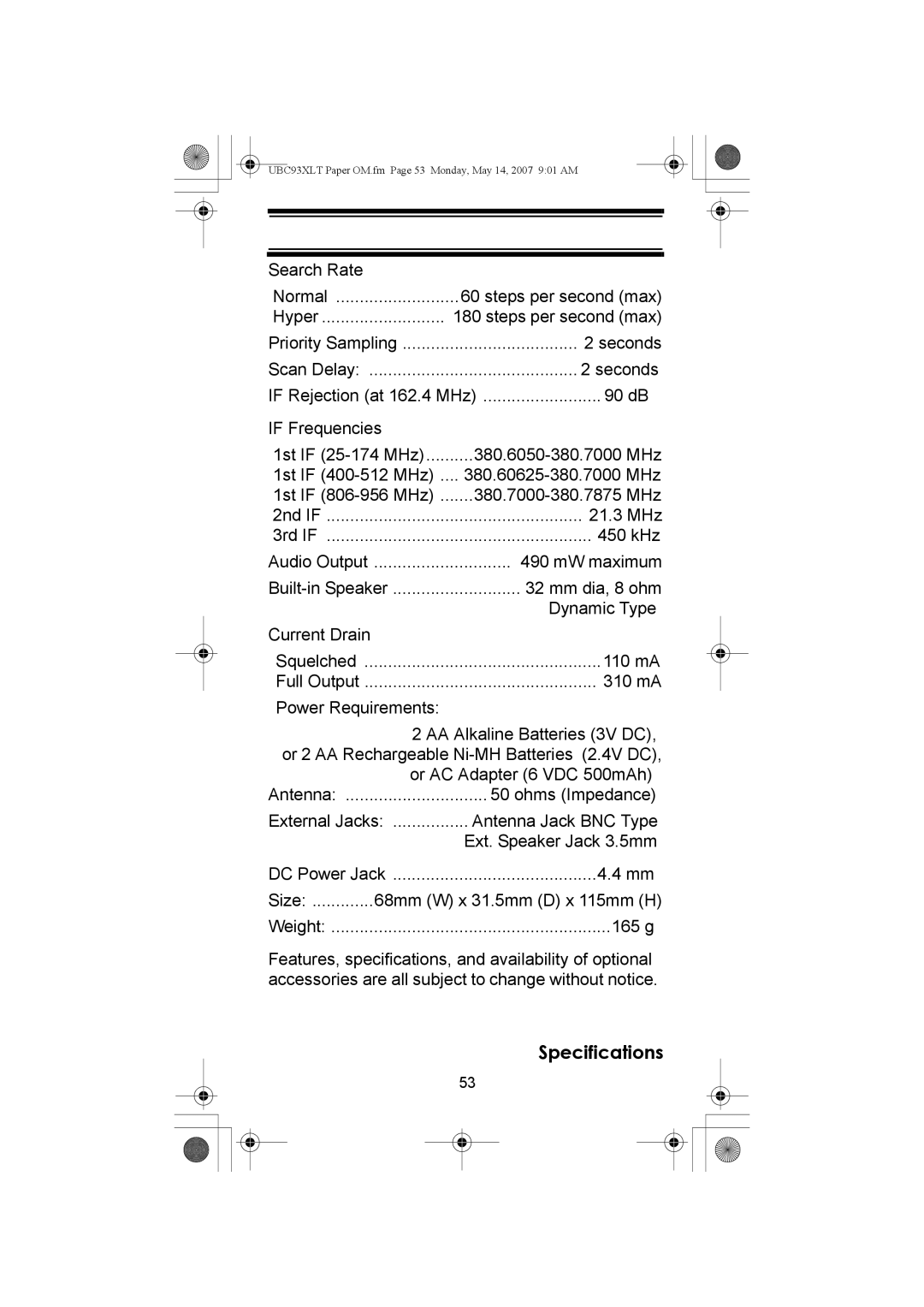 Uniden UBC93XLT manual Search Rate Normal Steps per second max Hyper 