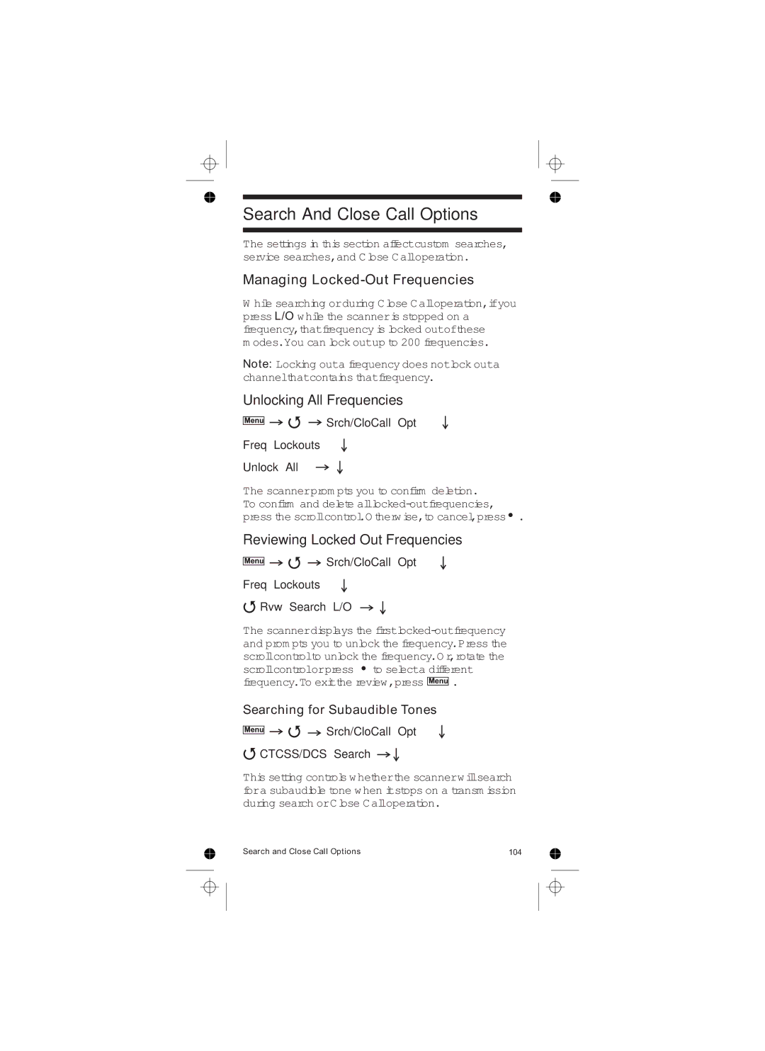 Uniden UBCD396T Managing Locked-Out Frequencies, Unlocking All Frequencies, Srch/CloCall Opt Freq Lockouts Unlock All 