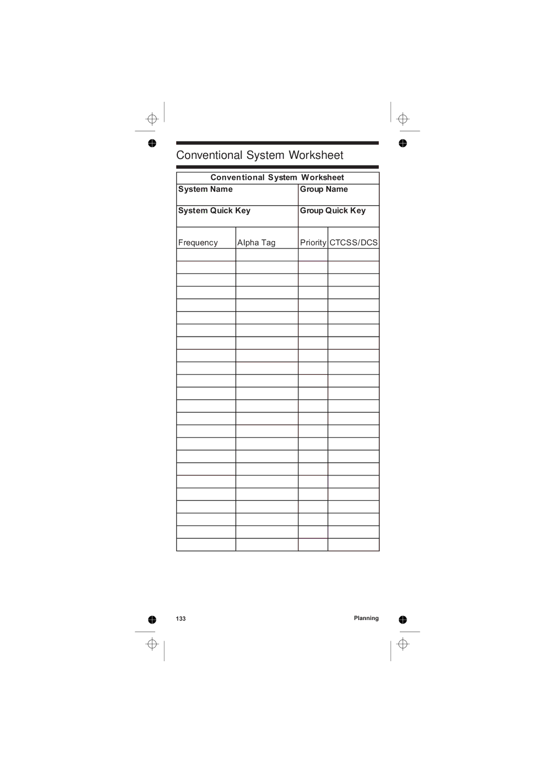 Uniden UBCD396T owner manual Conventional System Worksheet 