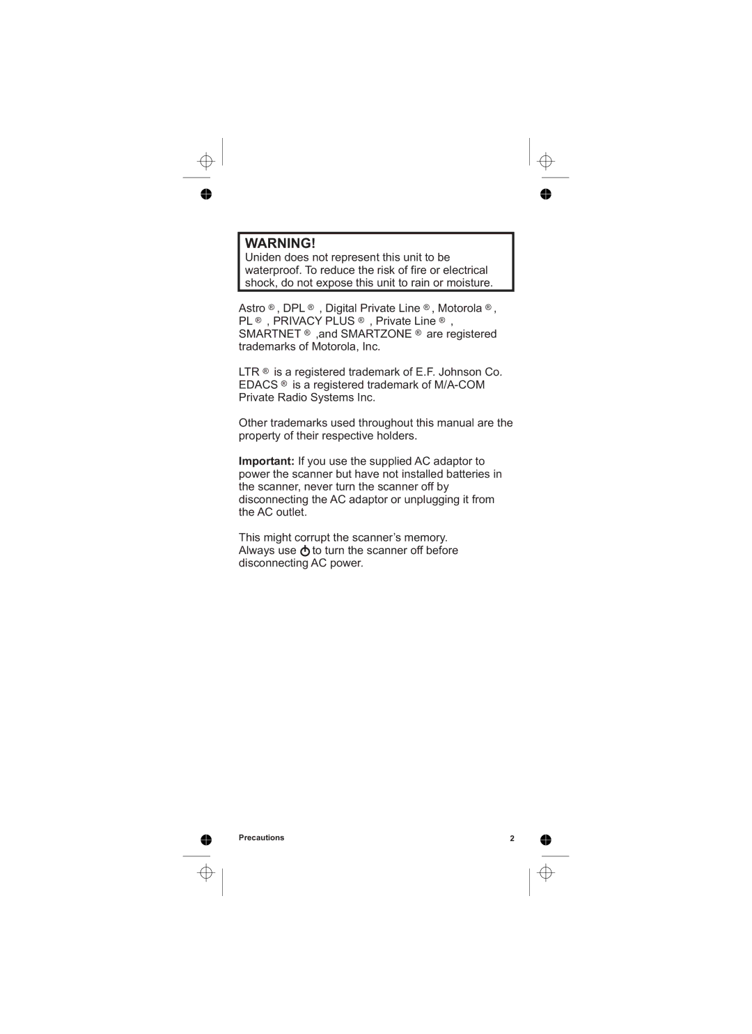 Uniden UBCD396T owner manual Precautions 