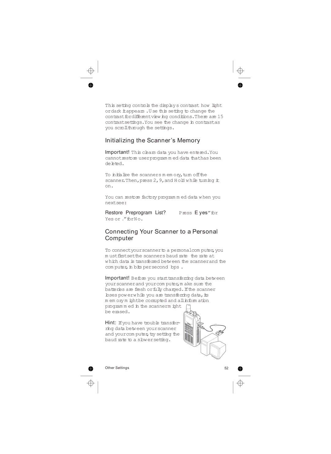 Uniden UBCD396T owner manual Initializing the Scanner’s Memory, Connecting Your Scanner to a Personal Computer 