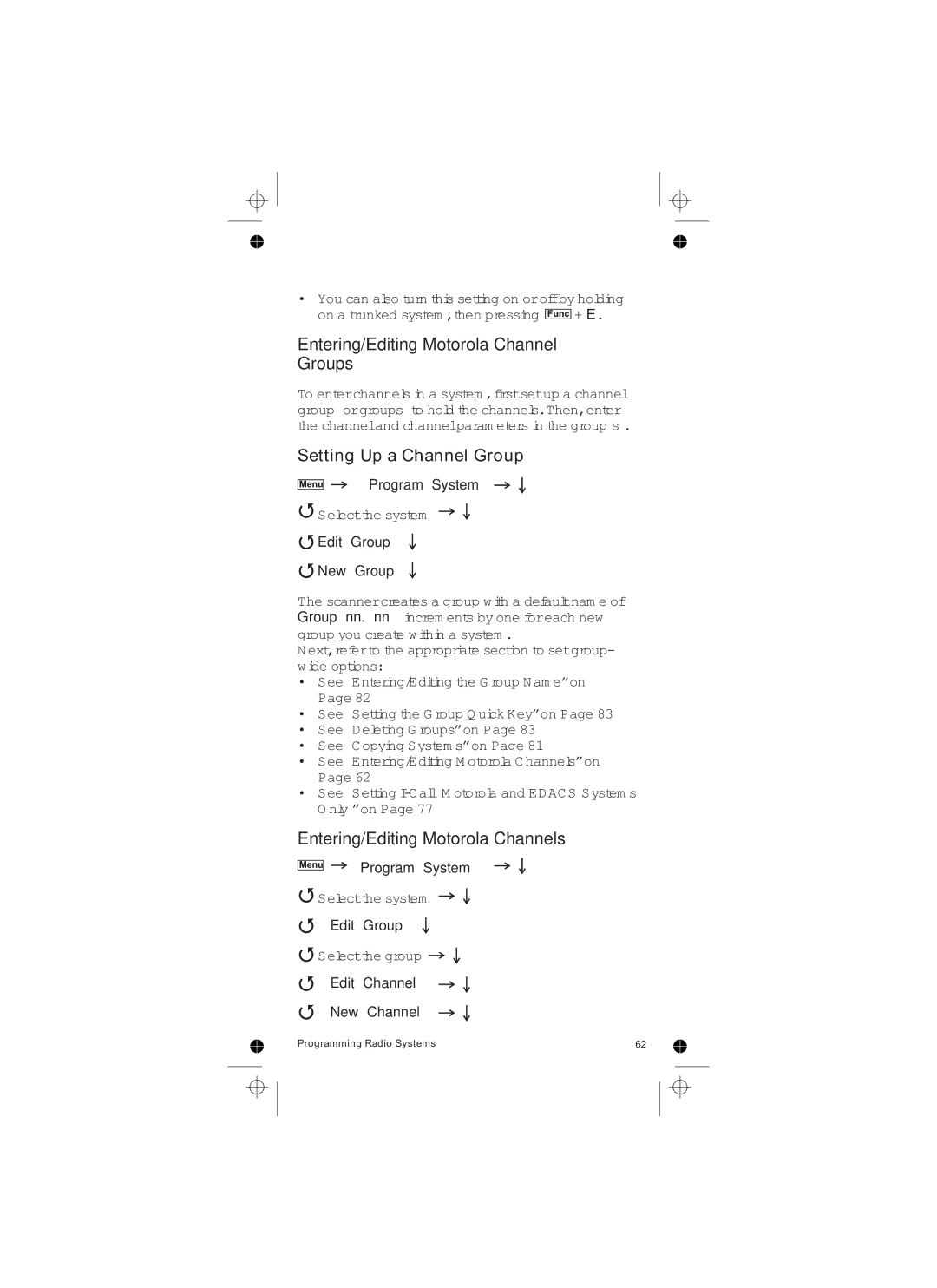 Uniden UBCD396T owner manual Entering/Editing Motorola Channel Groups, Entering/Editing Motorola Channels 