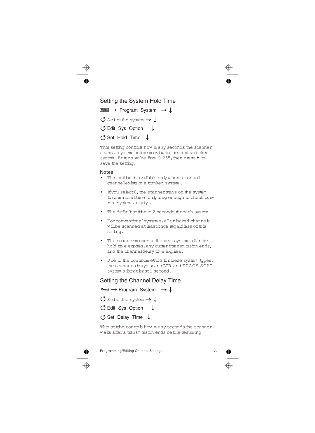 Uniden UBCD396T owner manual Setting the System Hold Time, Setting the Channel Delay Time, Edit Sys Option Set Hold Time 