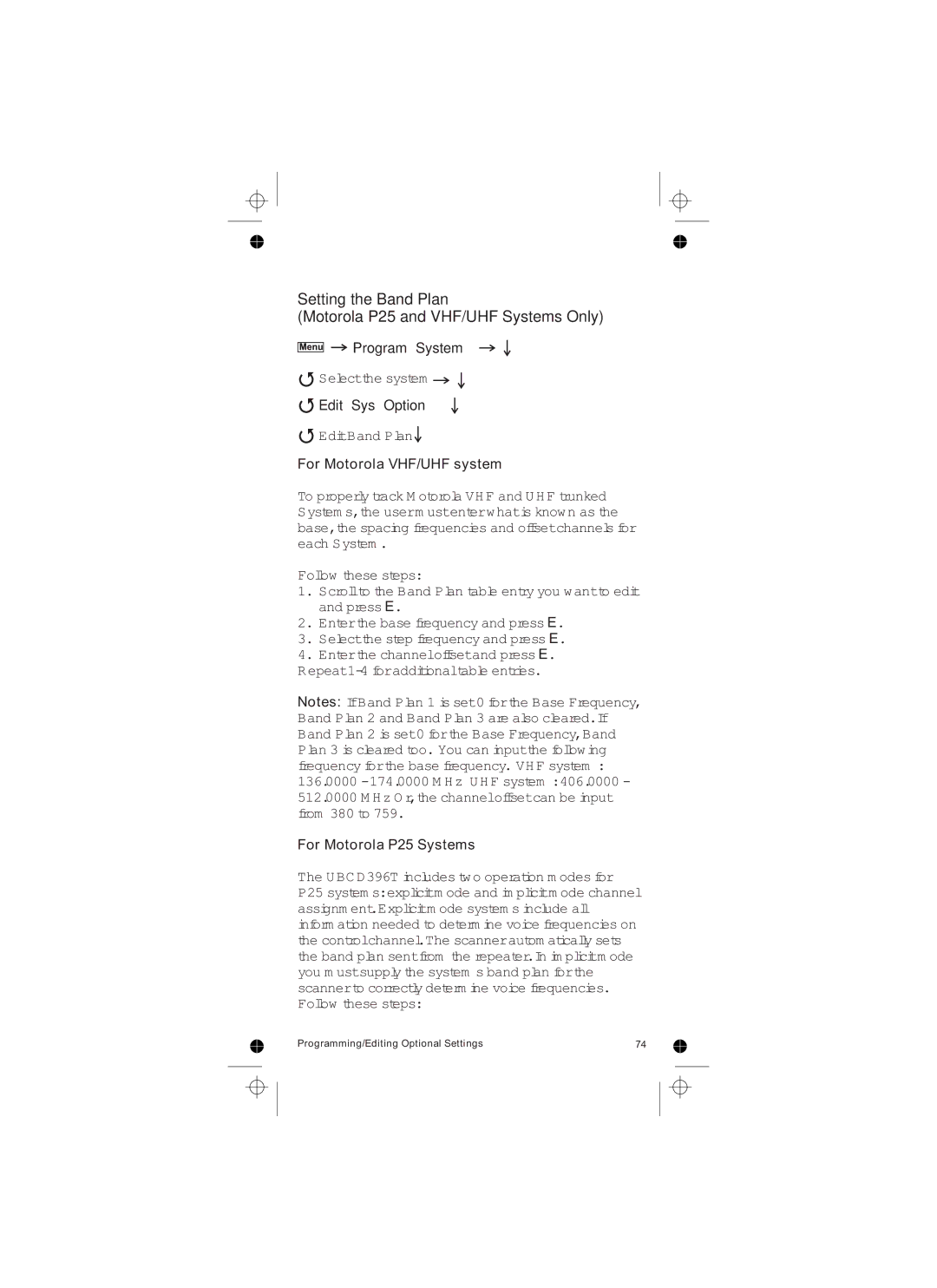 Uniden UBCD396T owner manual Edit Sys Option, For Motorola VHF/UHF system, For Motorola P25 Systems 