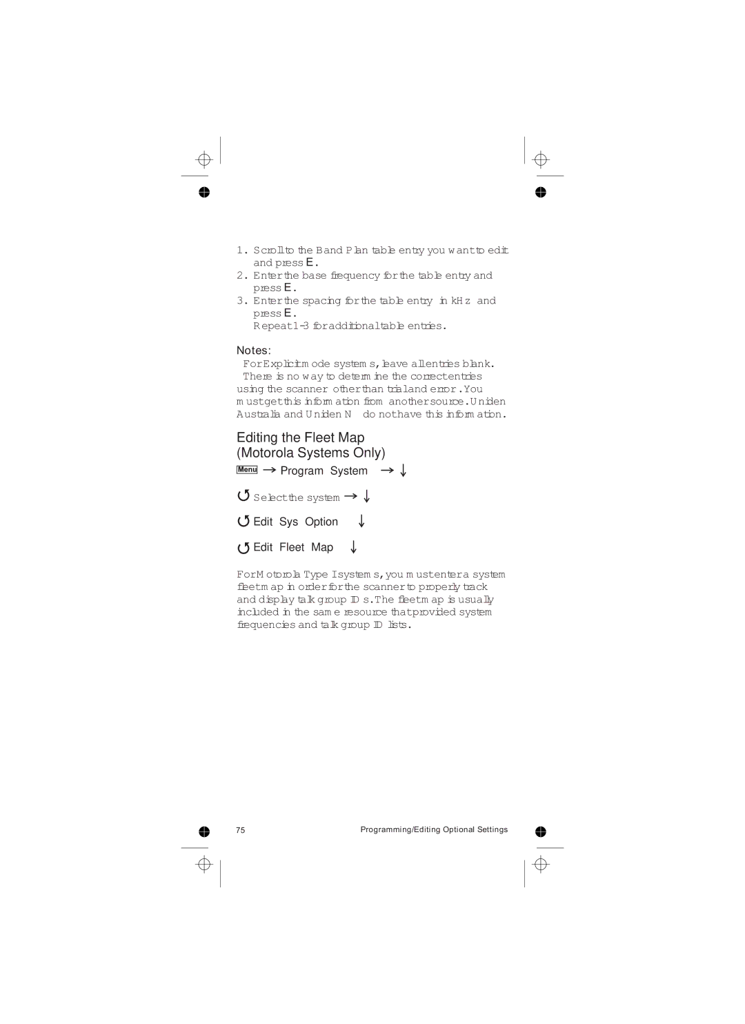 Uniden UBCD396T owner manual Editing the Fleet Map Motorola Systems Only, Edit Sys Option Edit Fleet Map 