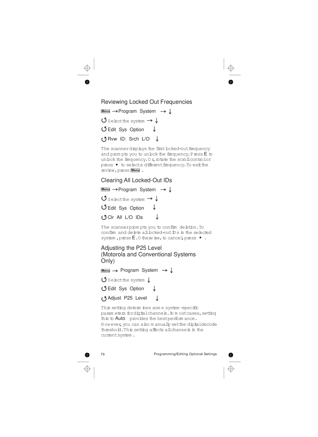 Uniden UBCD396T owner manual Reviewing Locked Out Frequencies, Clearing All Locked-Out IDs, Edit Sys Option Rvw ID Srch L/O 