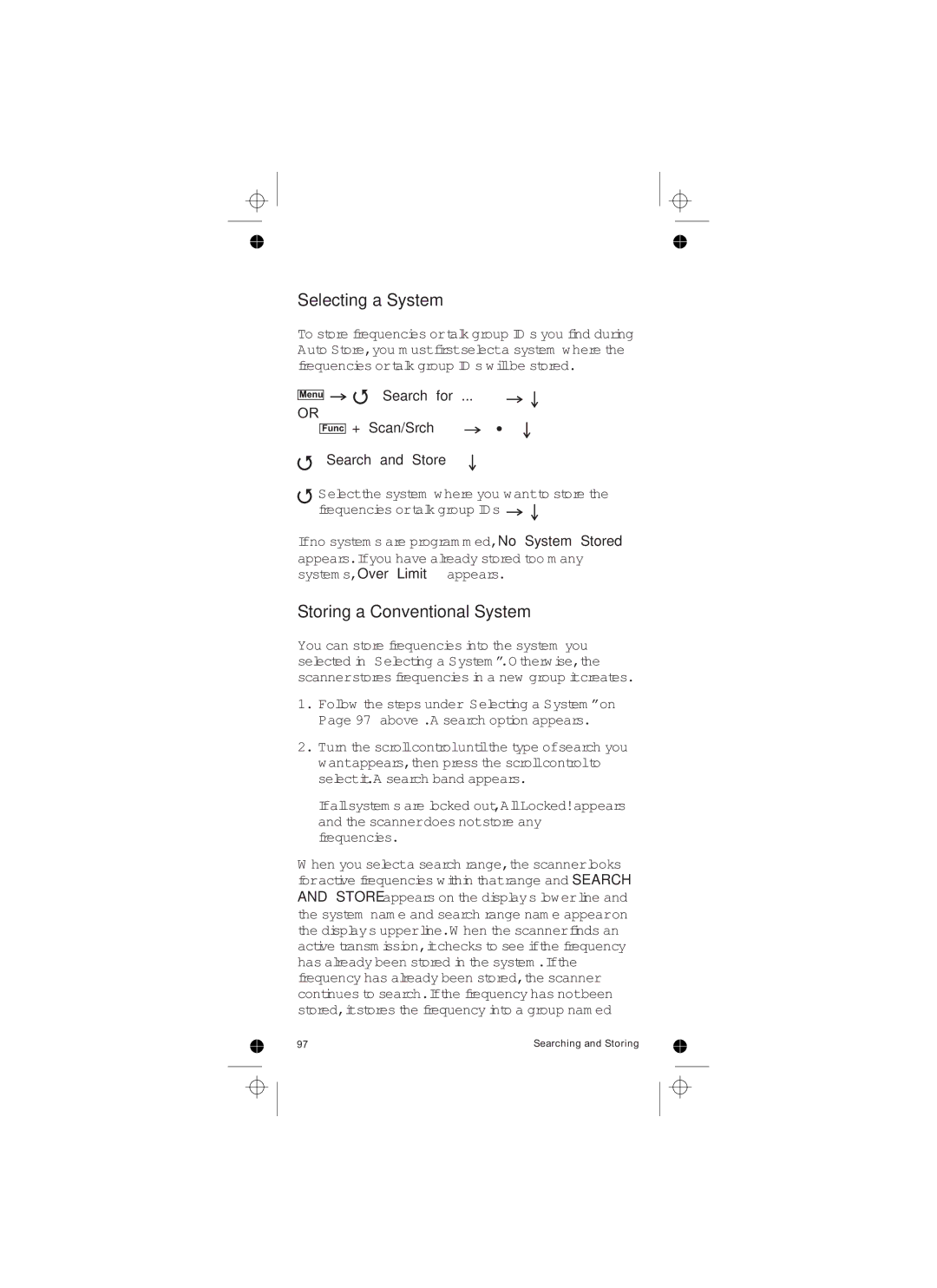 Uniden UBCD396T owner manual Selecting a System, Storing a Conventional System, Search for + Scan/Srch Search and Store 