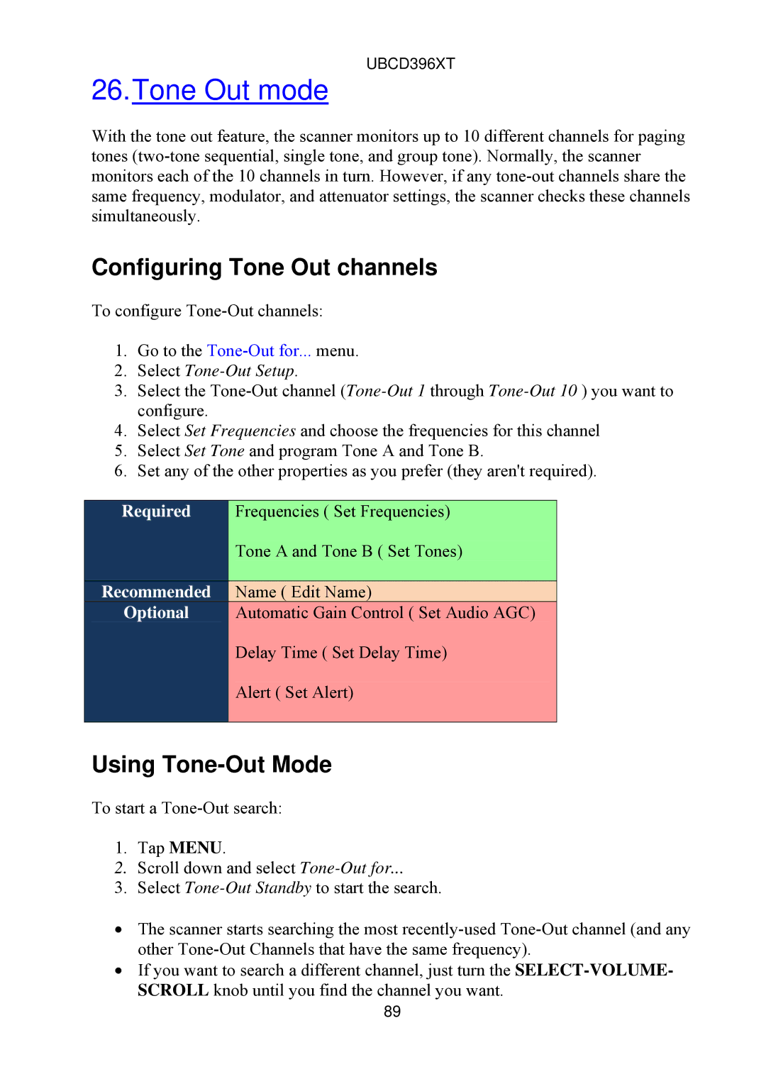 Uniden UBCD396XT owner manual Tone Out mode, Configuring Tone Out channels, Using Tone-Out Mode 