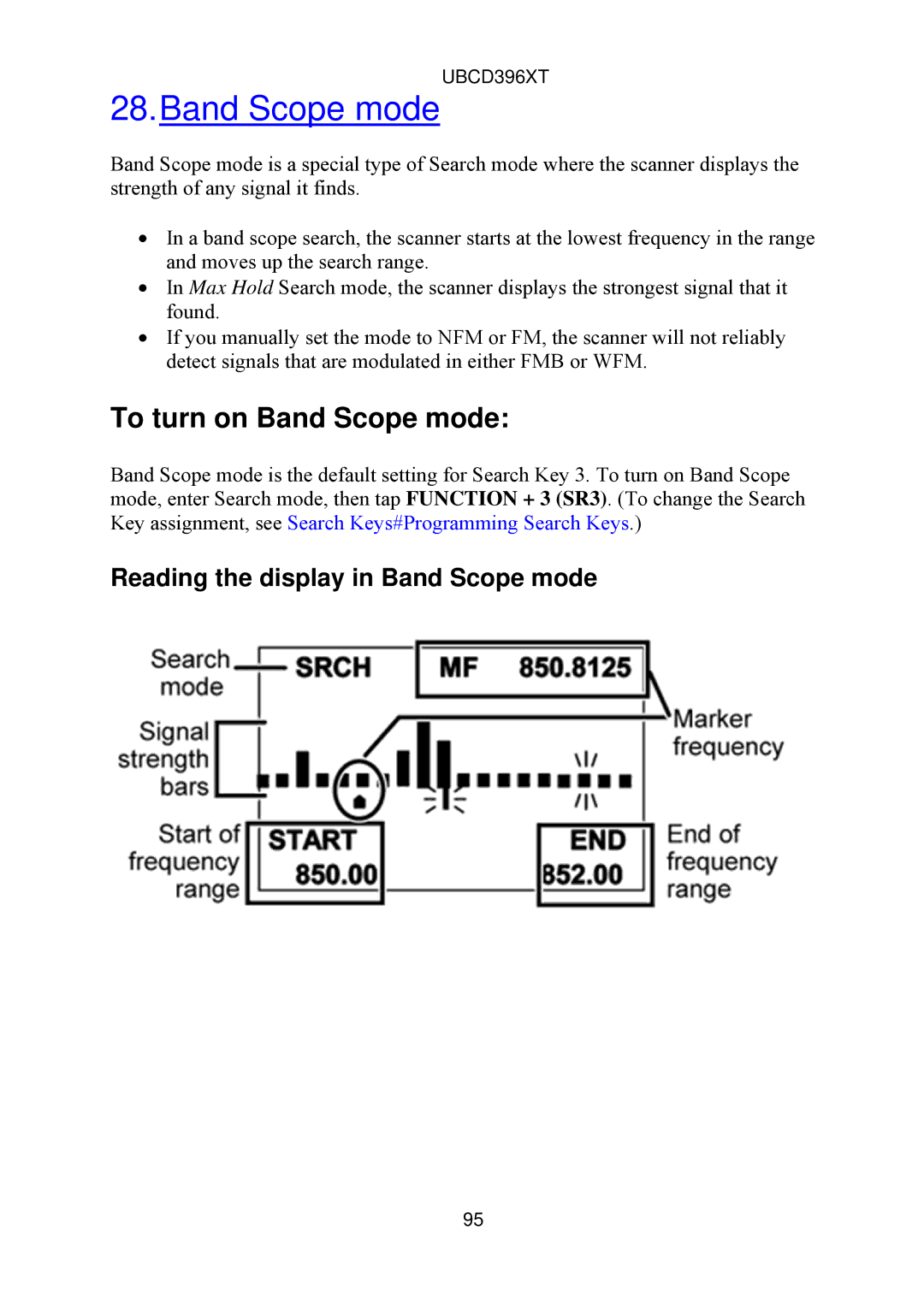 Uniden UBCD396XT owner manual To turn on Band Scope mode 