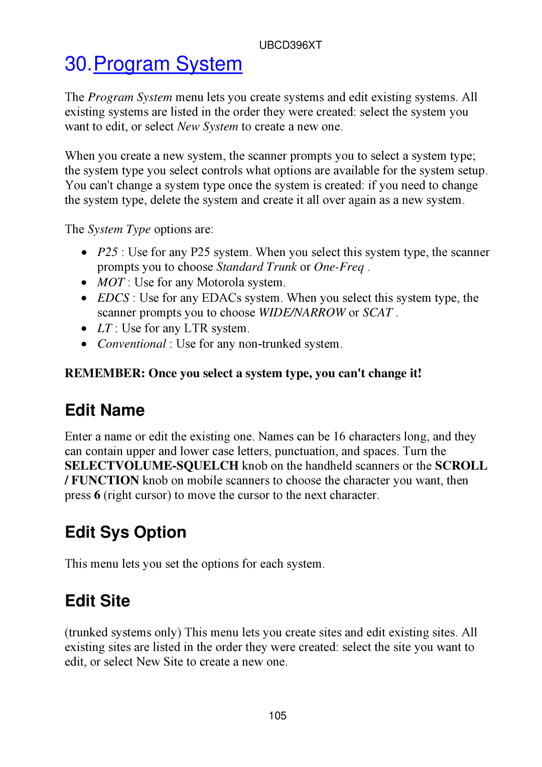 Uniden UBCD396XT owner manual Program System, Edit Name, Edit Sys Option, Edit Site 