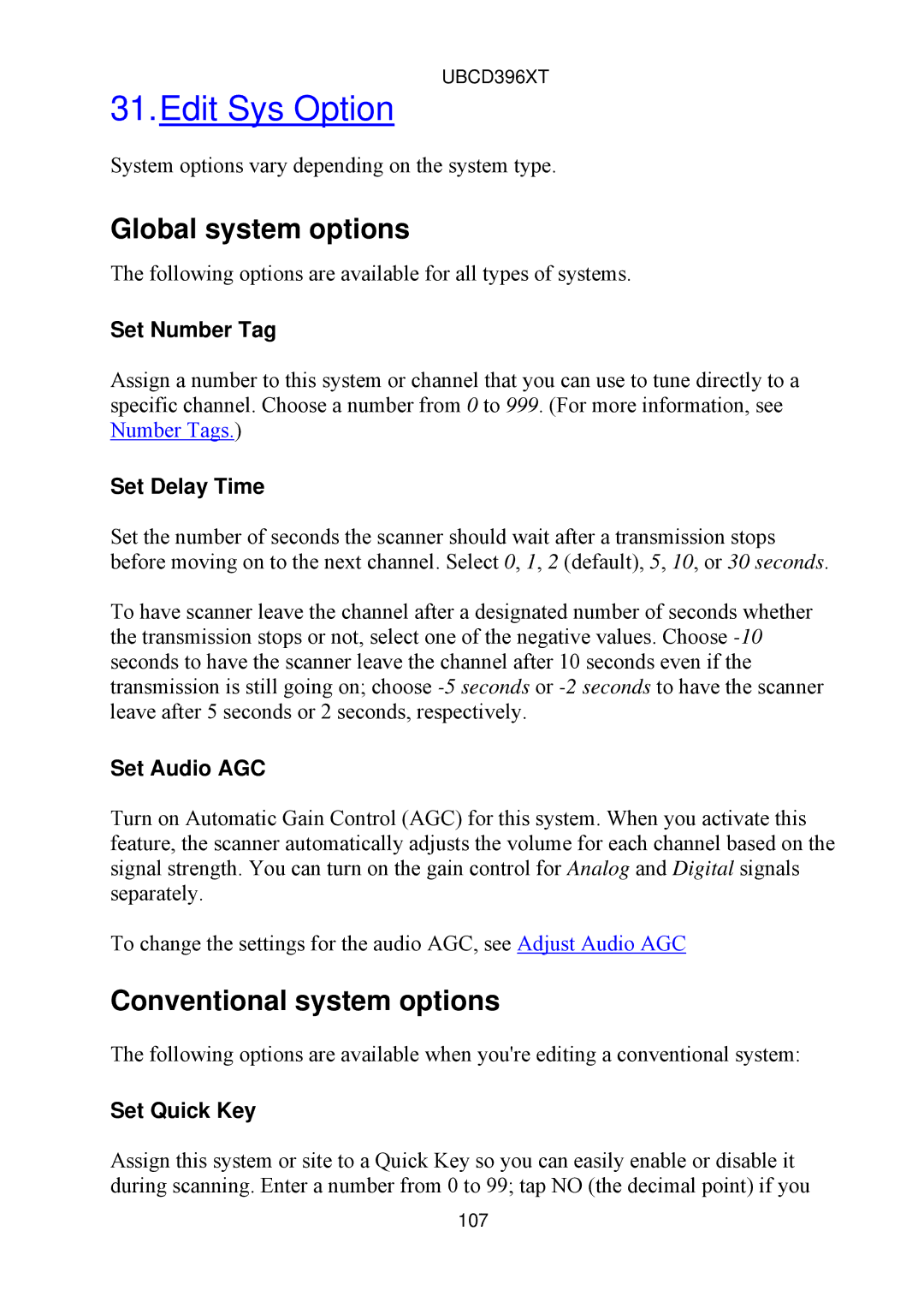 Uniden UBCD396XT owner manual Edit Sys Option, Global system options, Conventional system options 