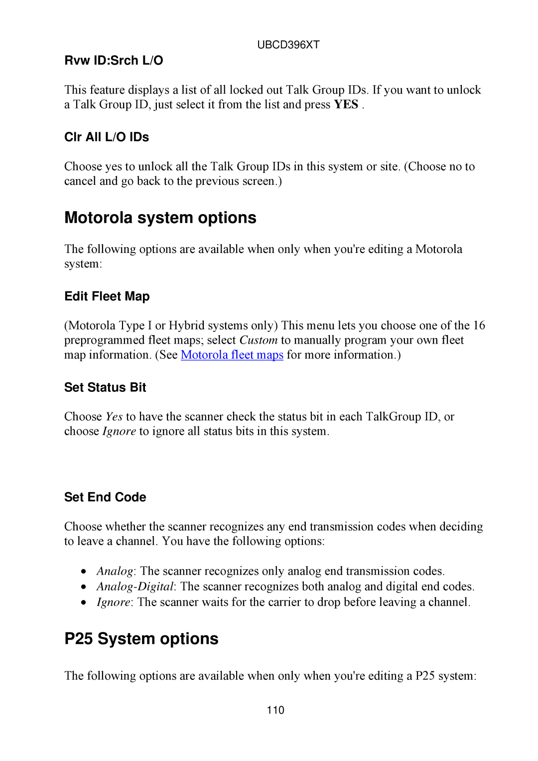 Uniden UBCD396XT owner manual Motorola system options, P25 System options 