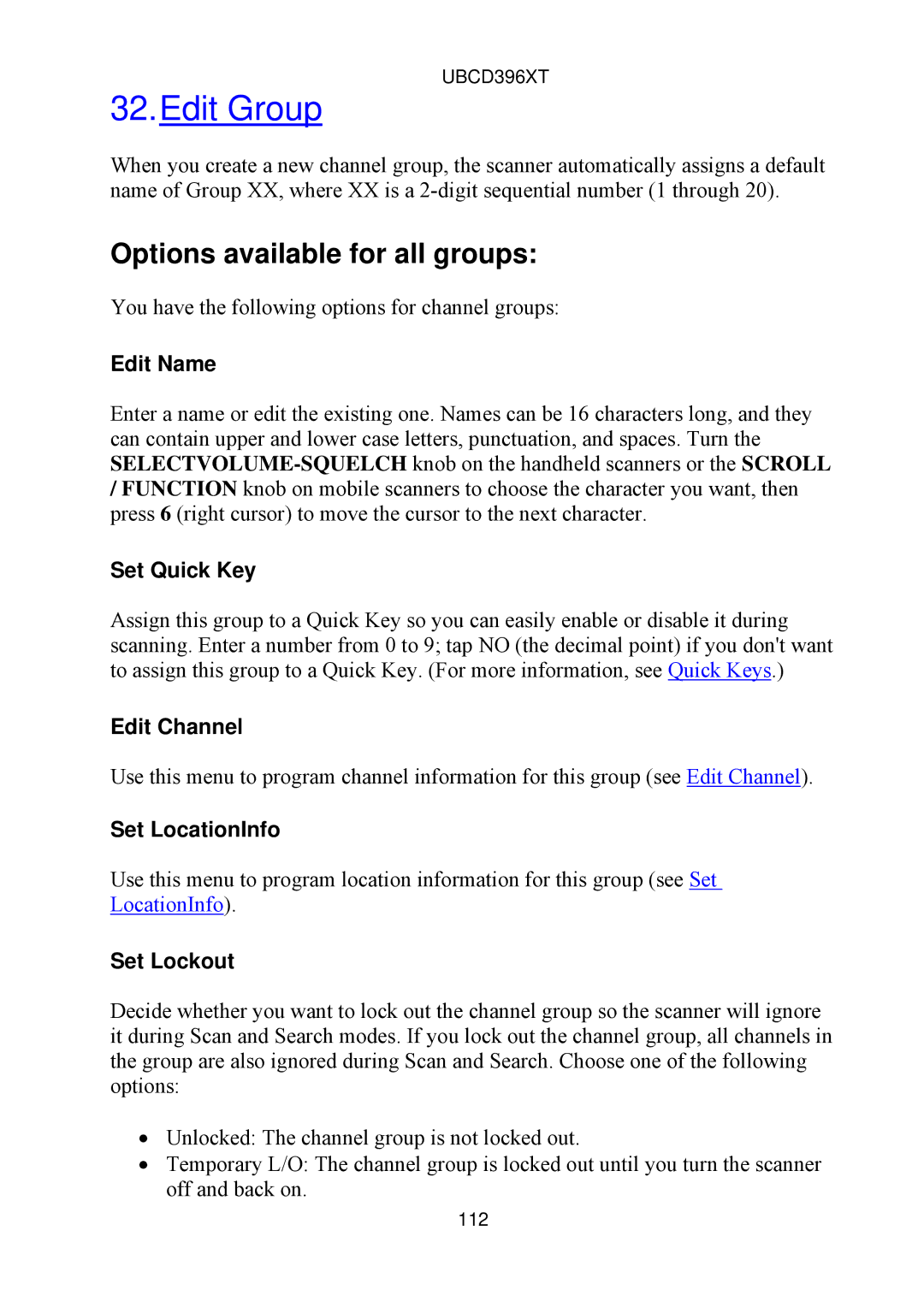 Uniden UBCD396XT owner manual Edit Group, Options available for all groups, Edit Name, Edit Channel, Set LocationInfo 