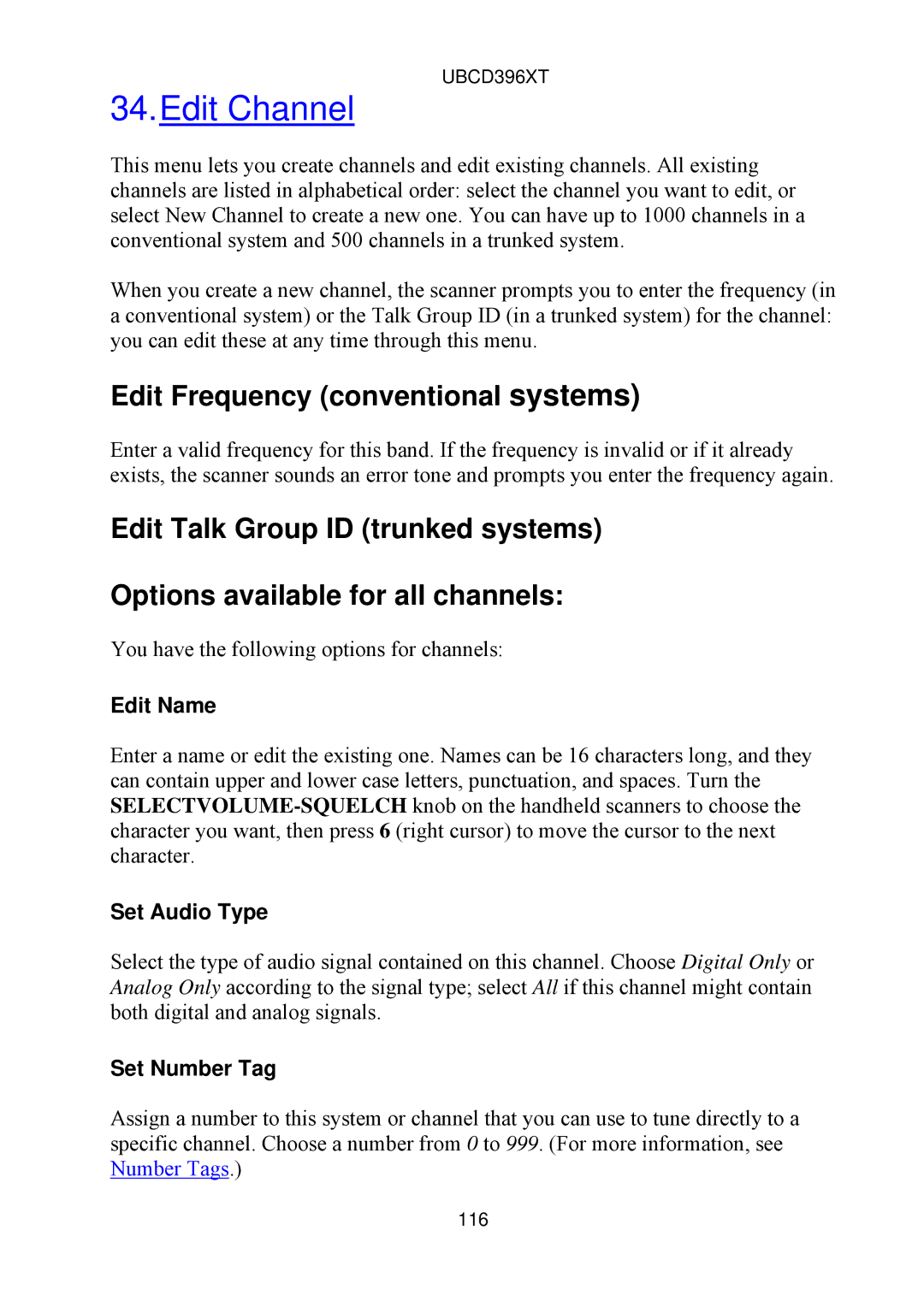 Uniden UBCD396XT owner manual Edit Channel, Edit Frequency conventional systems, Set Audio Type 