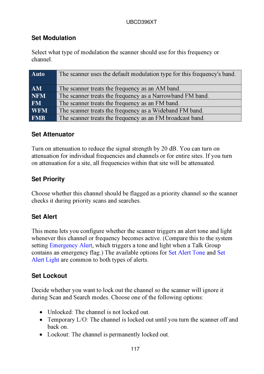 Uniden UBCD396XT owner manual Set Modulation, Set Attenuator, Set Priority, Set Alert 