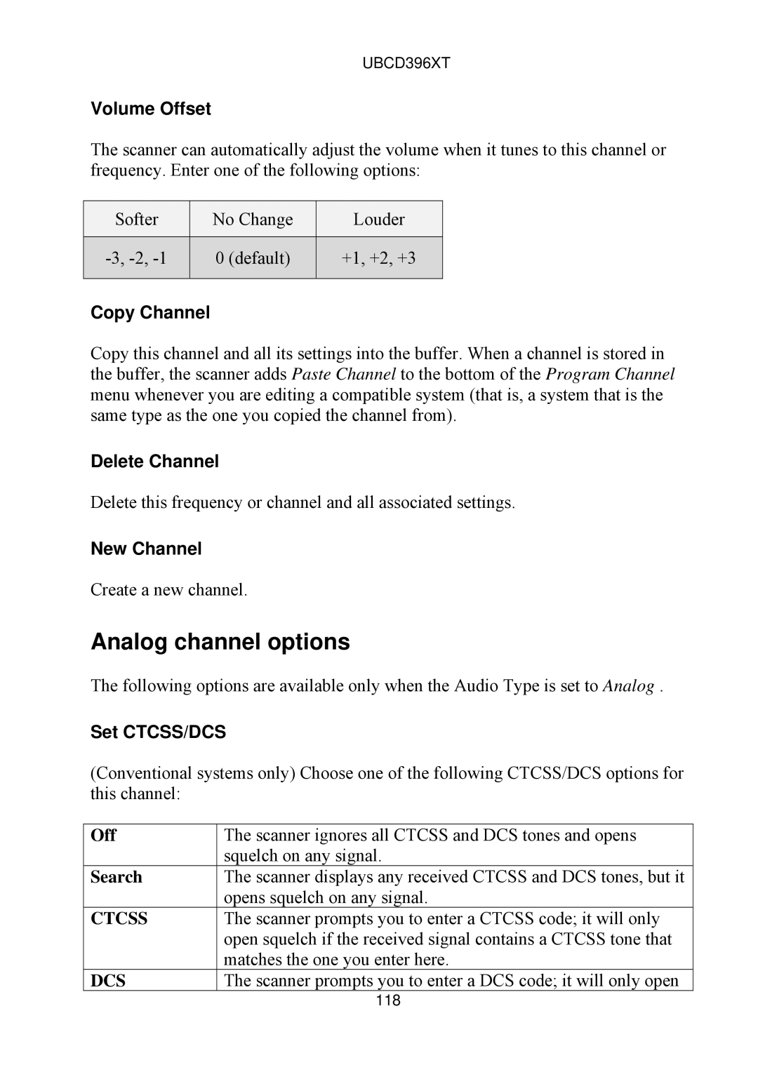 Uniden UBCD396XT owner manual Analog channel options 