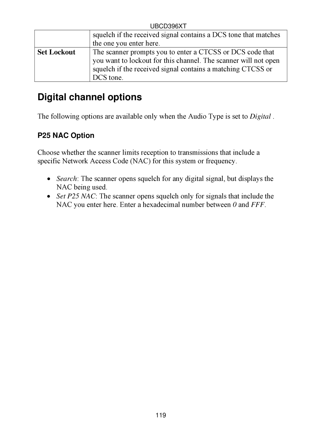 Uniden UBCD396XT owner manual Digital channel options, Set Lockout 