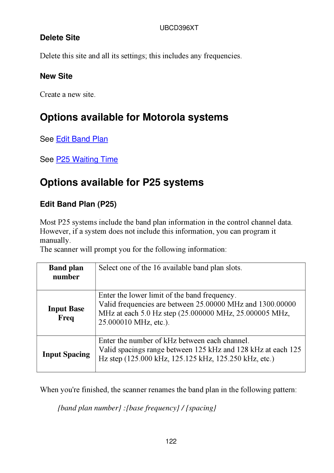 Uniden UBCD396XT Options available for Motorola systems, Options available for P25 systems, Delete Site, New Site 